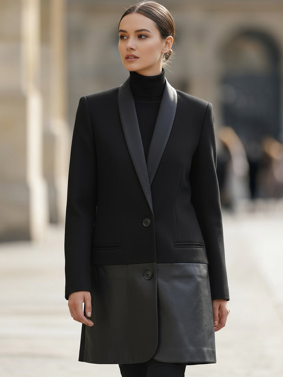 Chic Black And Leather - Paneled Longline Blazer Coat