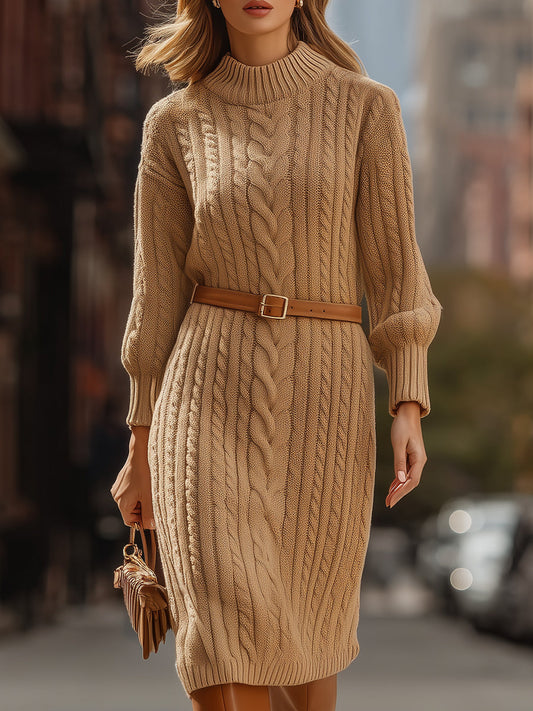 Camel Cable - Knit Sweater Dress