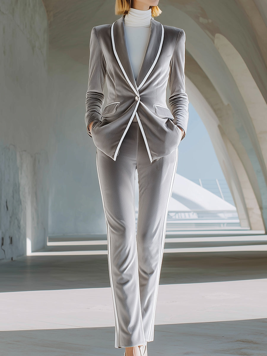 Silver Velvet Tailored Pantsuit With White Piping