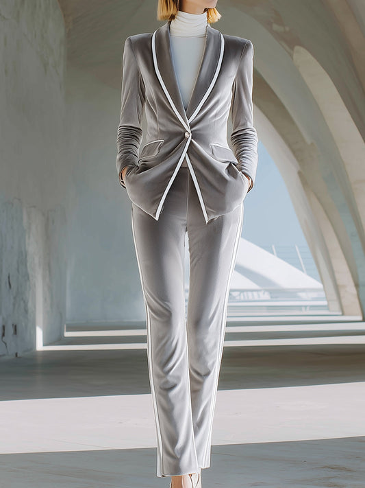 Silver Velvet Tailored Pantsuit With White Piping