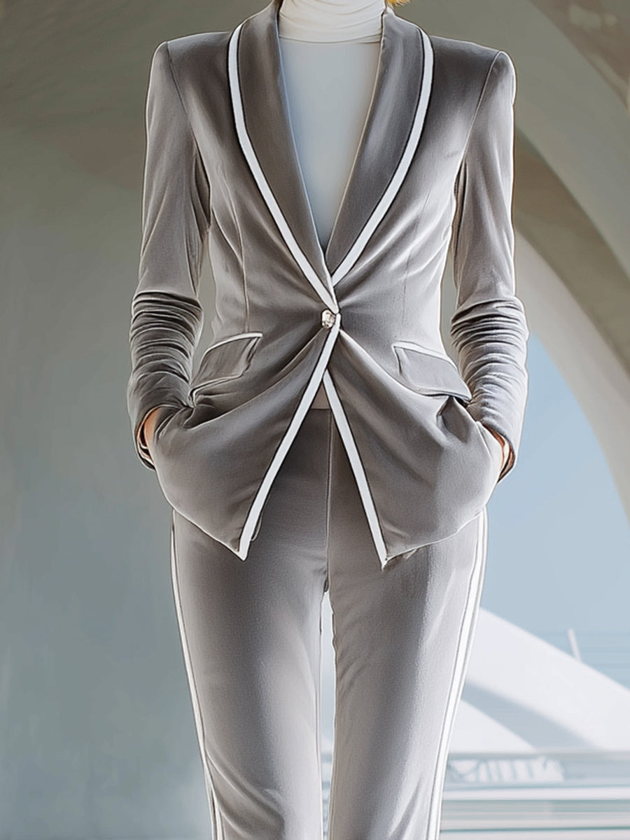 Silver Velvet Tailored Pantsuit With White Piping