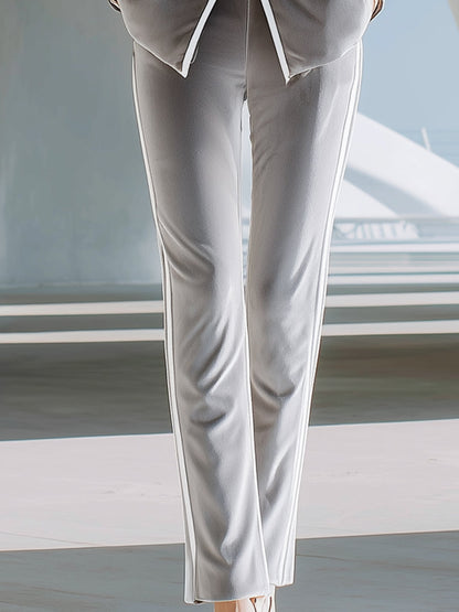 Silver Velvet Tailored Pantsuit With White Piping