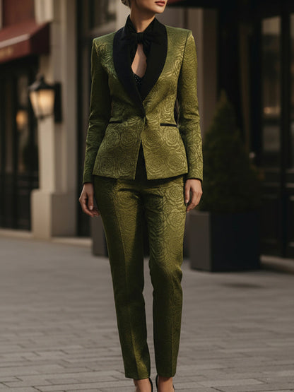Olive Green Brocade Slim Pantsuit With Black Shawl Lapels