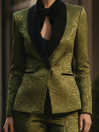 Olive Green Brocade Slim Pantsuit With Black Shawl Lapels