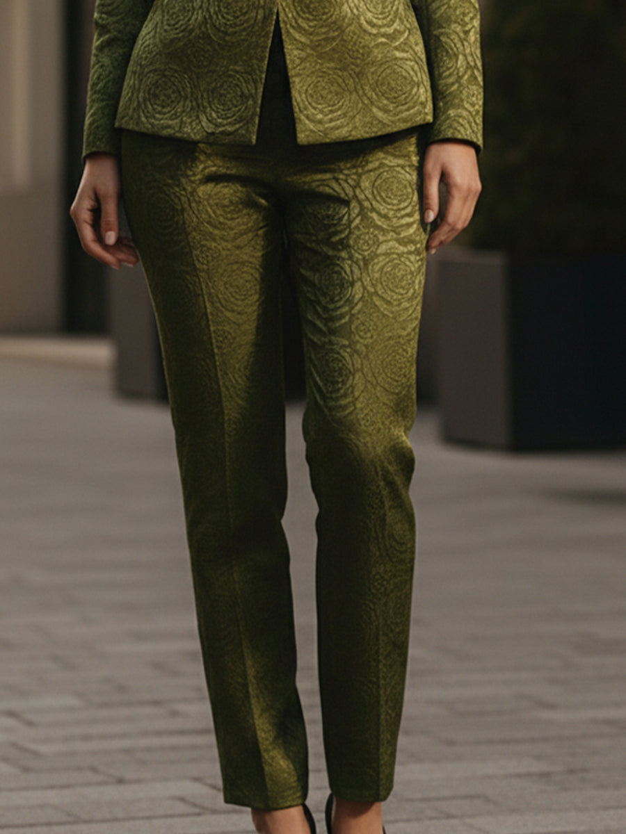 Olive Green Brocade Slim Pantsuit With Black Shawl Lapels