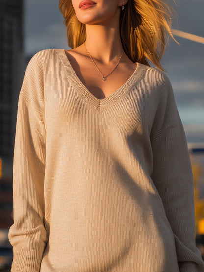 Oversized V-Neck Knit Sweater Dress