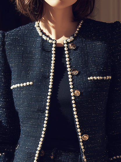 Midnight Pearl-Trim Tweed Jacket