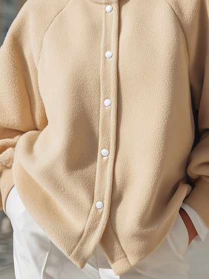 Cozy Beige Fleece Button - Front Jacket