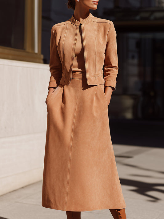Faux Suede Jacket And A-Line Midi Skirt Set