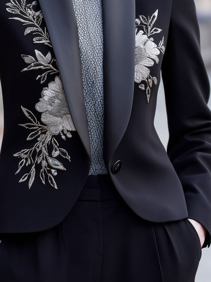 Embroidered Tuxedo Blazer With Satin Lapel