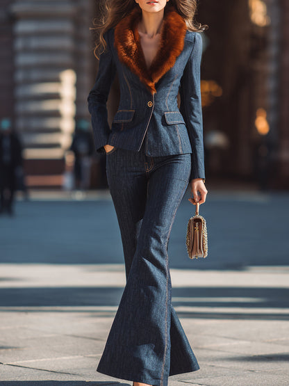 Stylish Denim Suit With Fur Collar