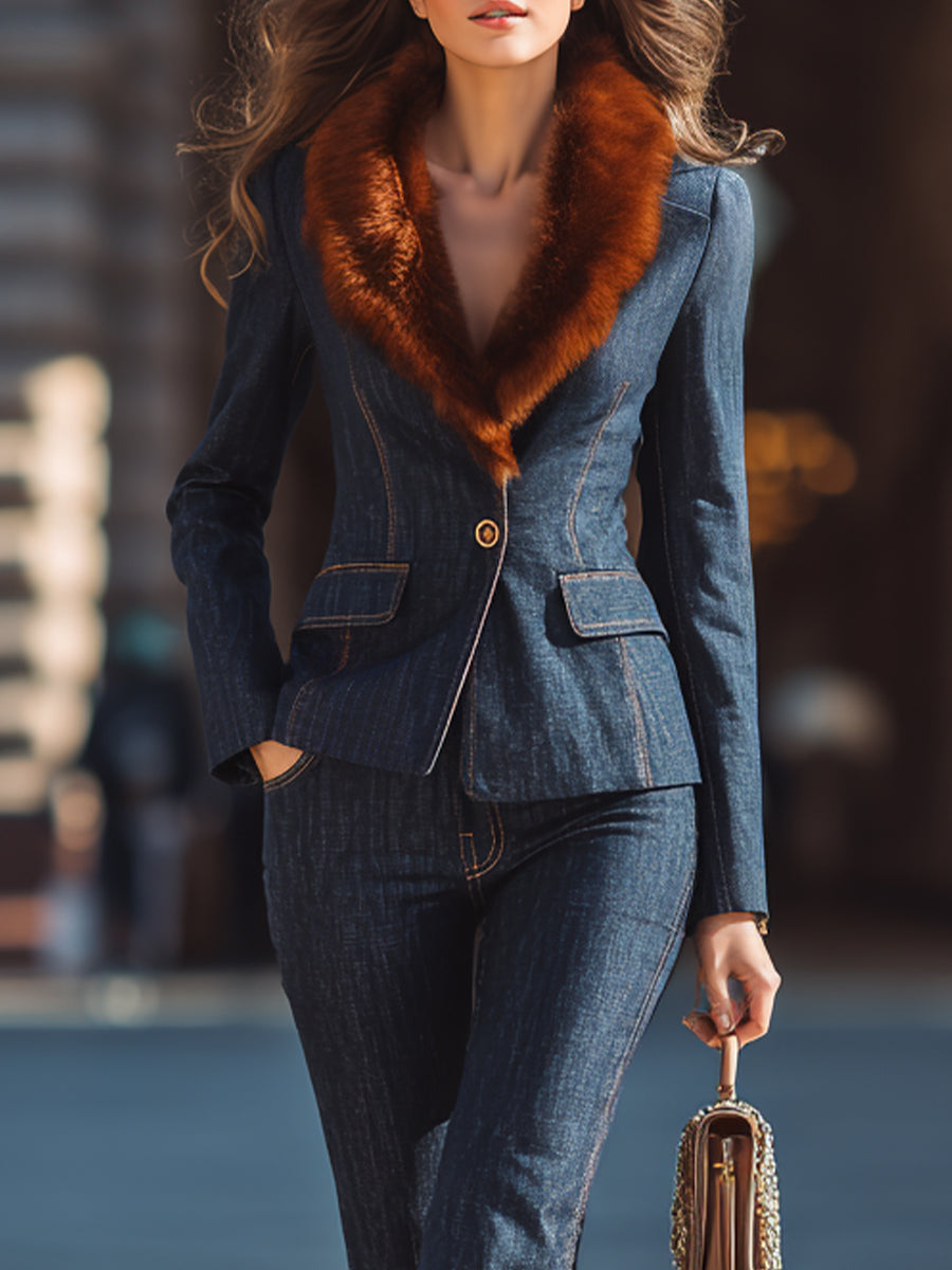 Stylish Denim Suit With Fur Collar