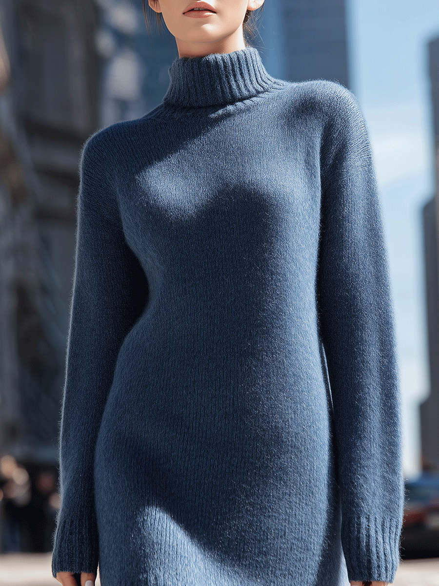 Blue Turtleneck Knit Sweater Dress