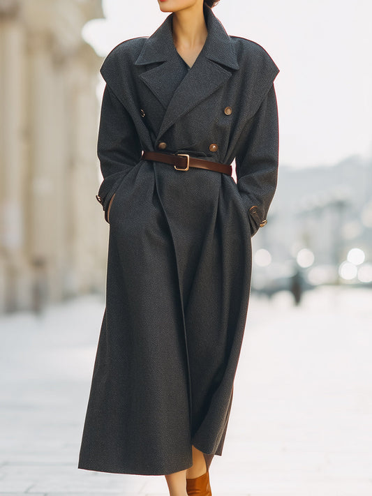 Charcoal Double-Breasted Wool Coat With Belted Waist