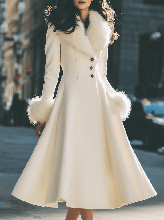 Ivory Flared Coat With Faux Fur Collar And Cuffs