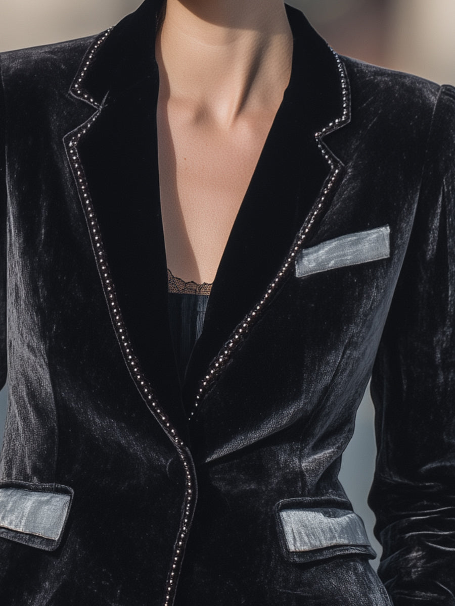 Black Velvet Blazer With Silver Trim Detailing