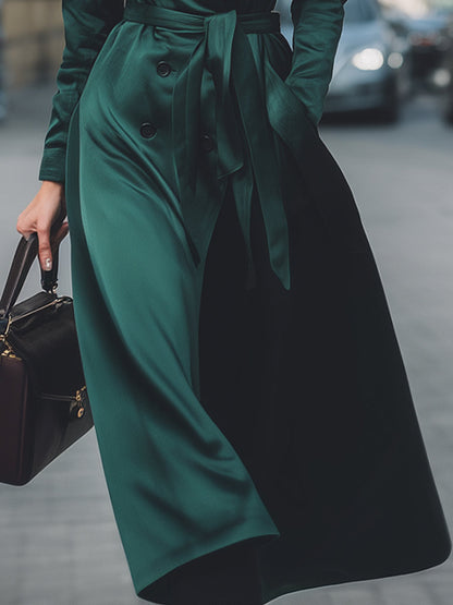 Emerald Satin Double-Breasted Trench Coat