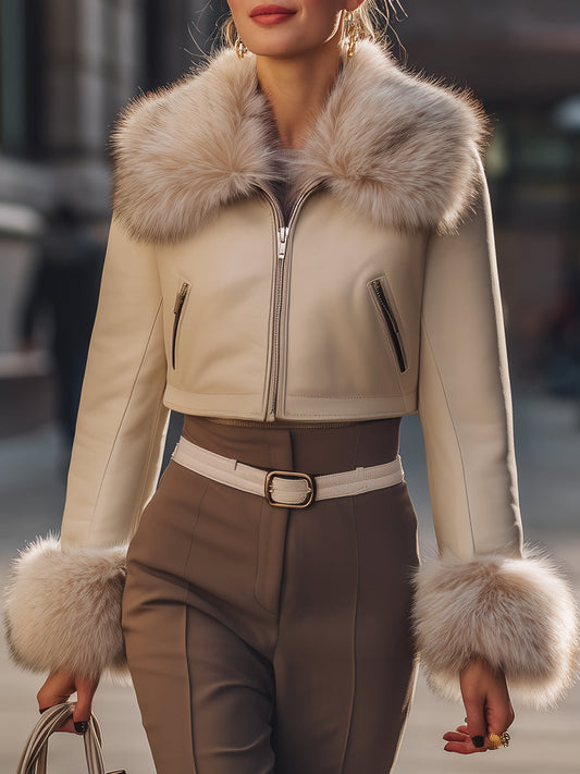 Cropped Jacket With Detachable Faux Fur Collar And Cuffs