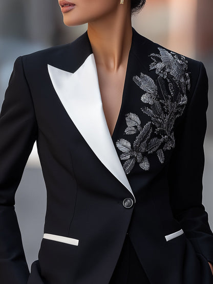 Colorblock Floral Embroidery Lapel Blazer