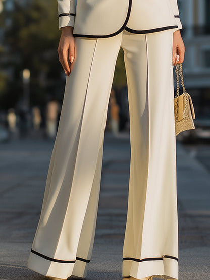 Ivory Double-Breasted Suit With Black Piping