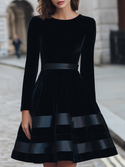 Black Velvet Fit-and-Flare Dress With Satin Stripes