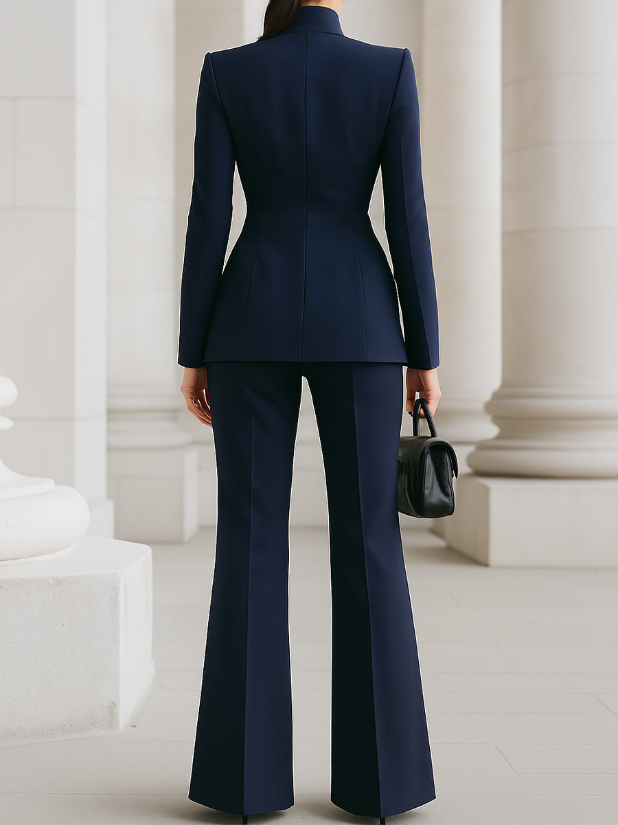 Natalie Sophisticated  High-Collar Blazer & Wide-Leg Trousers Set