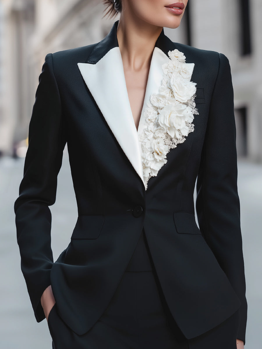 Colorblock Lapel Blazer With Floral Details