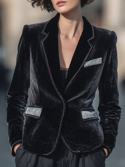 Black Velvet Blazer With Silver Trim Detailing