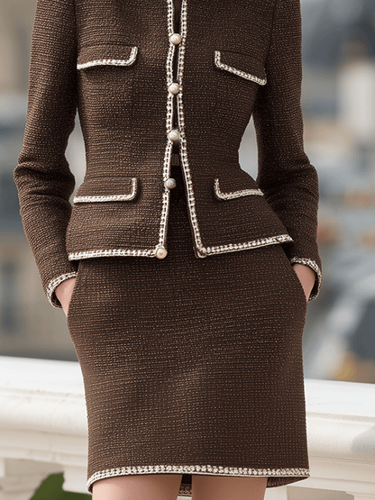 Chocolate Brown Tweed Skirt Suit With Pearl-Trim Detailing