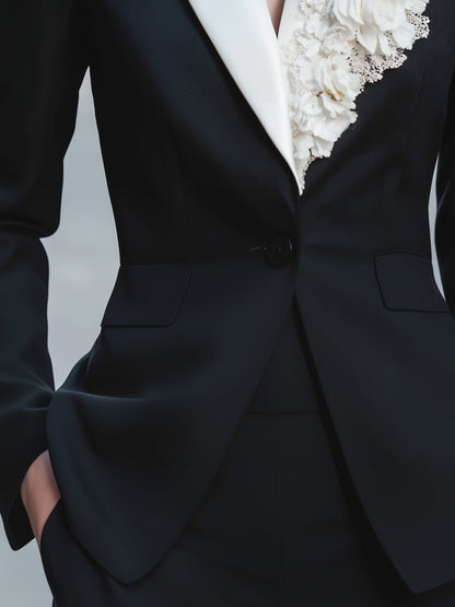 Colorblock Lapel Blazer With Floral Details