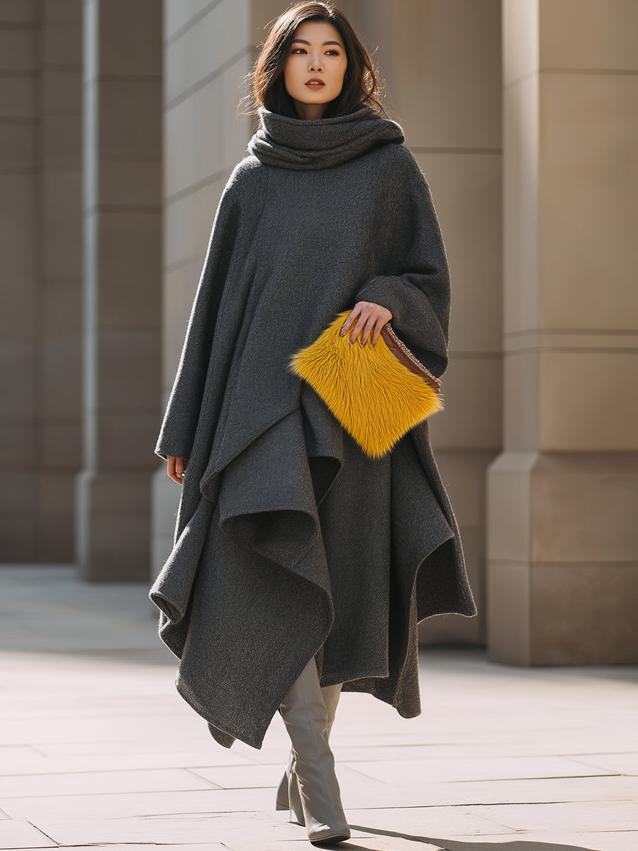 Charcoal Wool Drape Coat With Flowing Hemline
