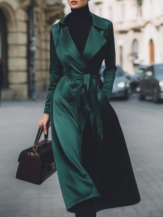Emerald Satin Double-Breasted Trench Coat