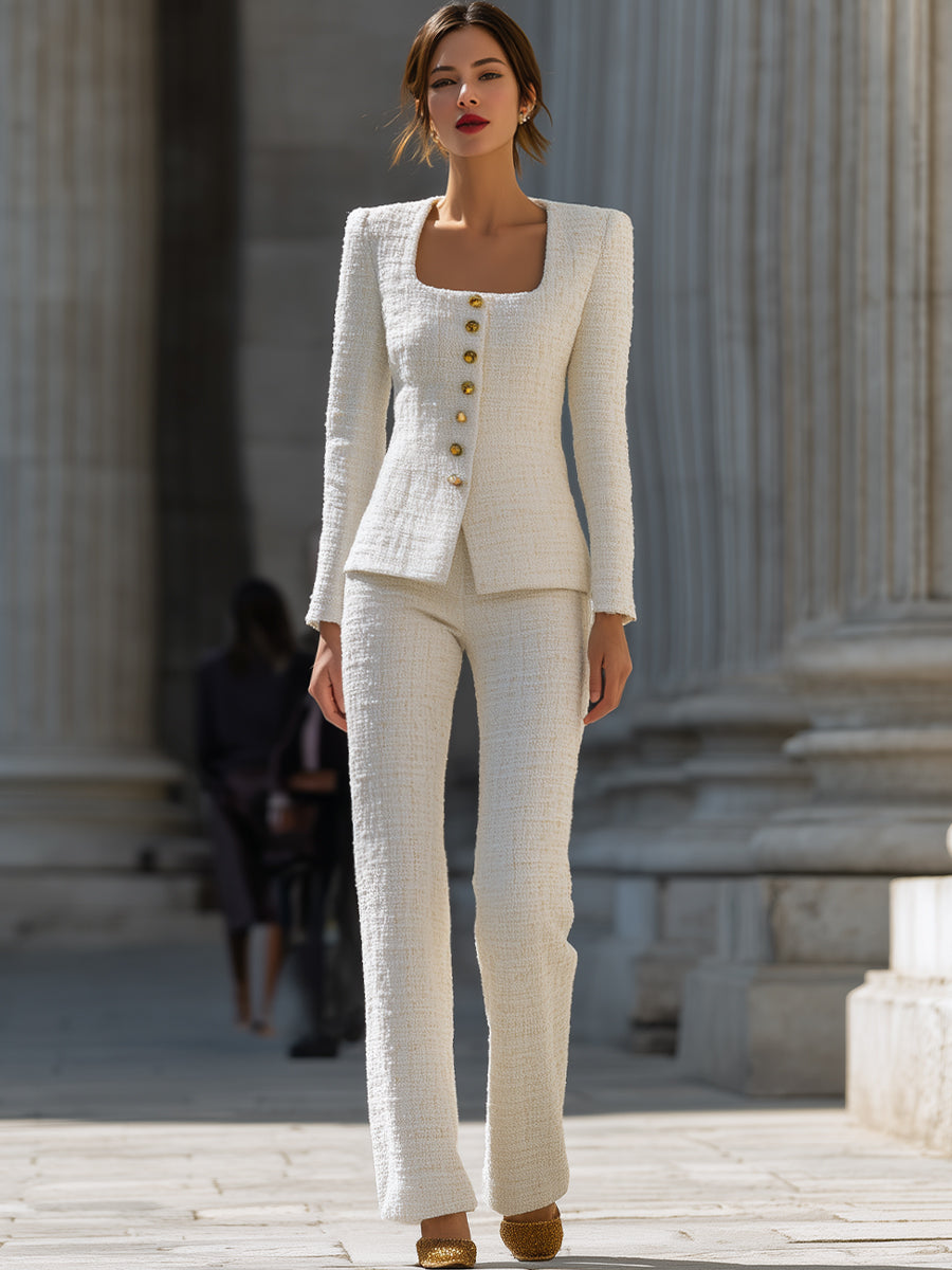 Ivory Tweed Square-Neck Suit Set