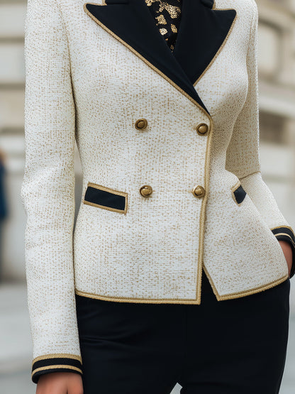Contrast Lapel Tweed Blazer With Piped Trim