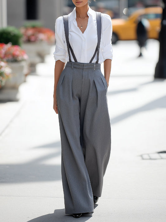 Classic White Shirt & Suspender Wide-Leg Trousers Set