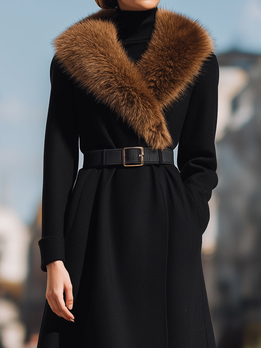 Black Wool Coat With Wide Faux Fur Collar