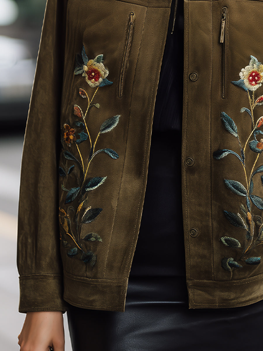 Olive Green Embroidered Jacket With Floral Motif