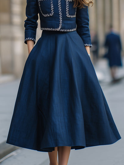 Elegant Silver Trim Cropped Jacket And Midi Skirt Set
