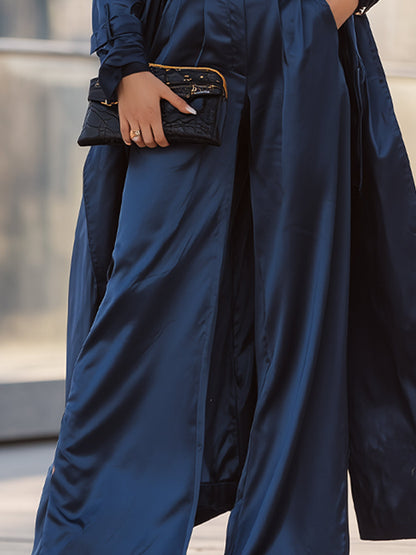 Navy Satin Trench Coat And Wide-Leg Trousers Set