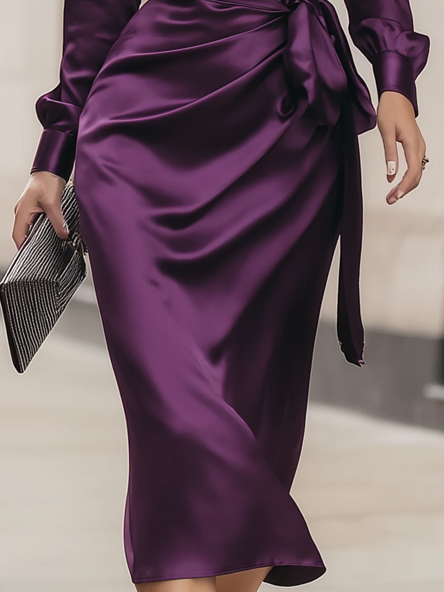 Deep Plum Satin Wrap Midi Dress