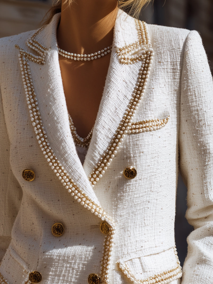 Ivory Pearl-Trim Tweed Blazer With Gold Buttons