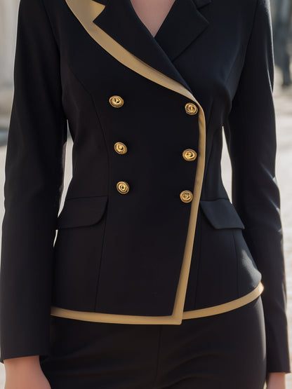 Contrast Trim Double-Breasted Blazer