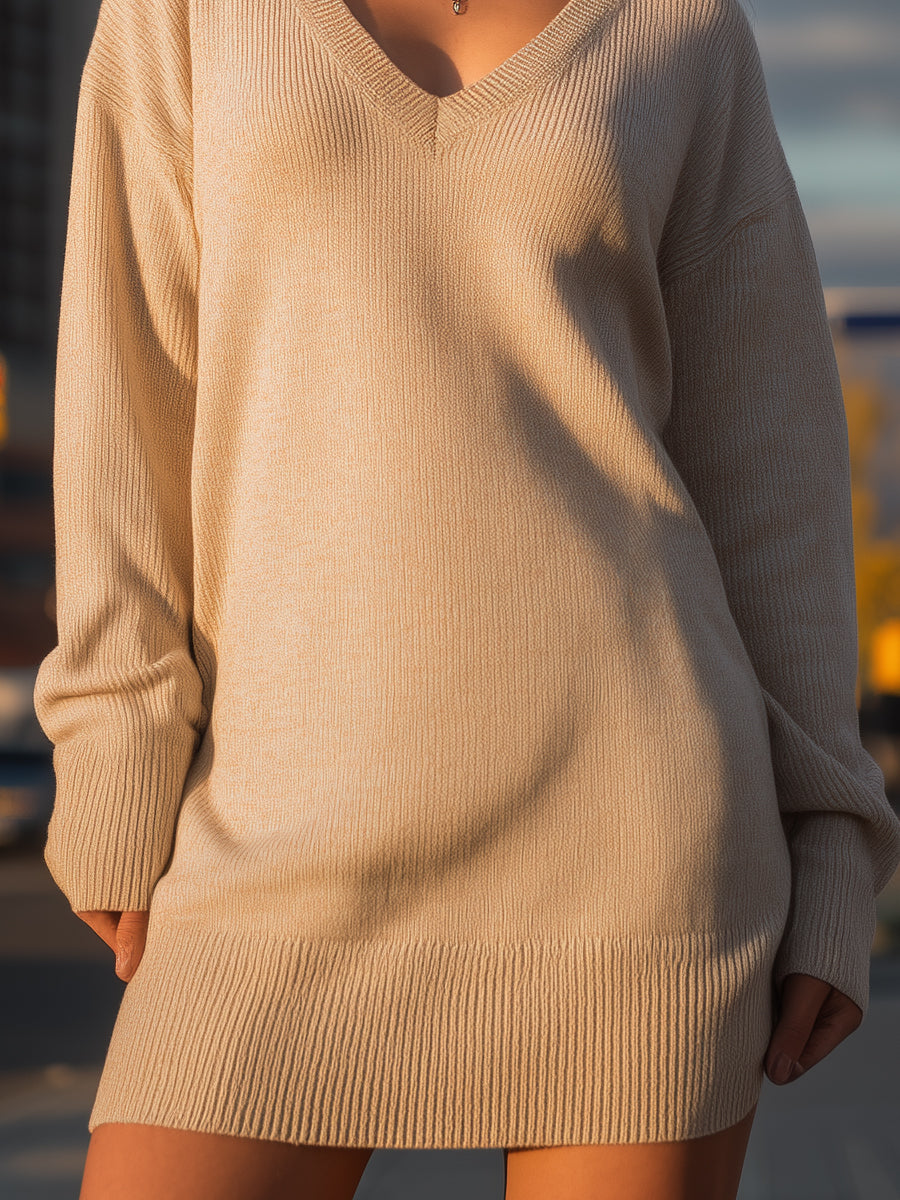 Oversized V-Neck Knit Sweater Dress