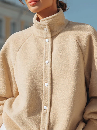 Cozy Beige Fleece Button - Front Jacket