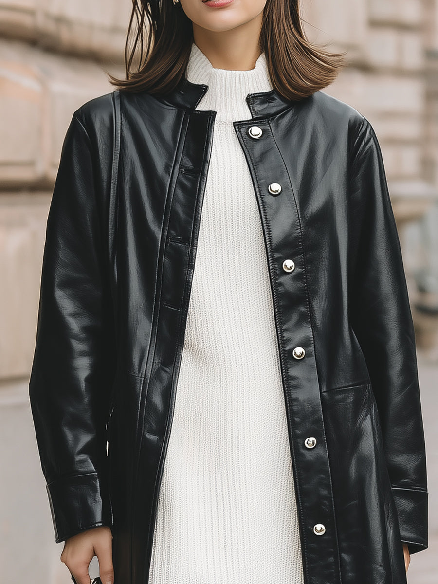 Black Faux Leather Mid - Length Coat