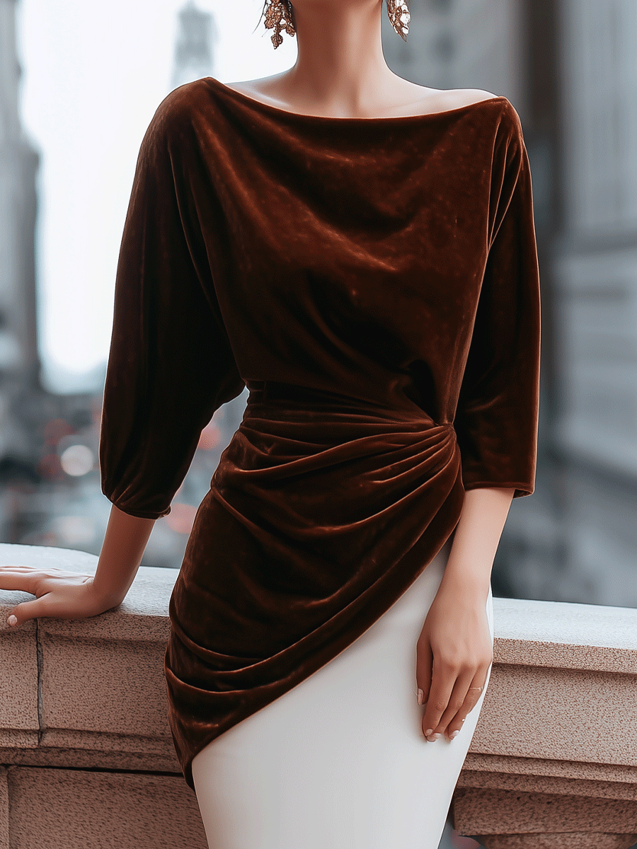 Elegant Two-tone Velvet Draped Midi Dress