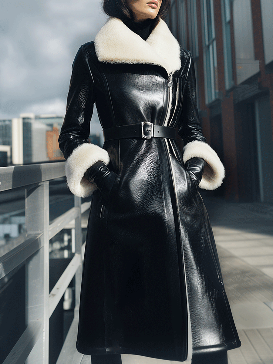 Black Belted Coat With Shearling Collar