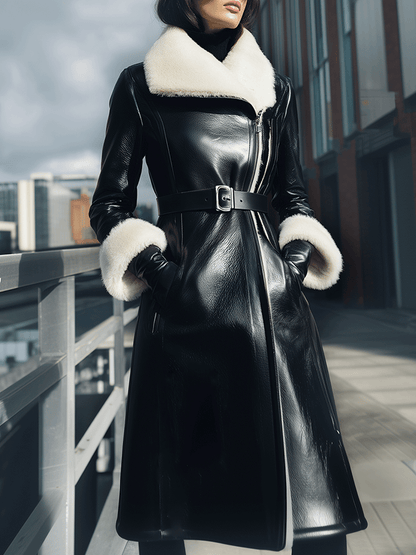 Black Belted Coat With Shearling Collar