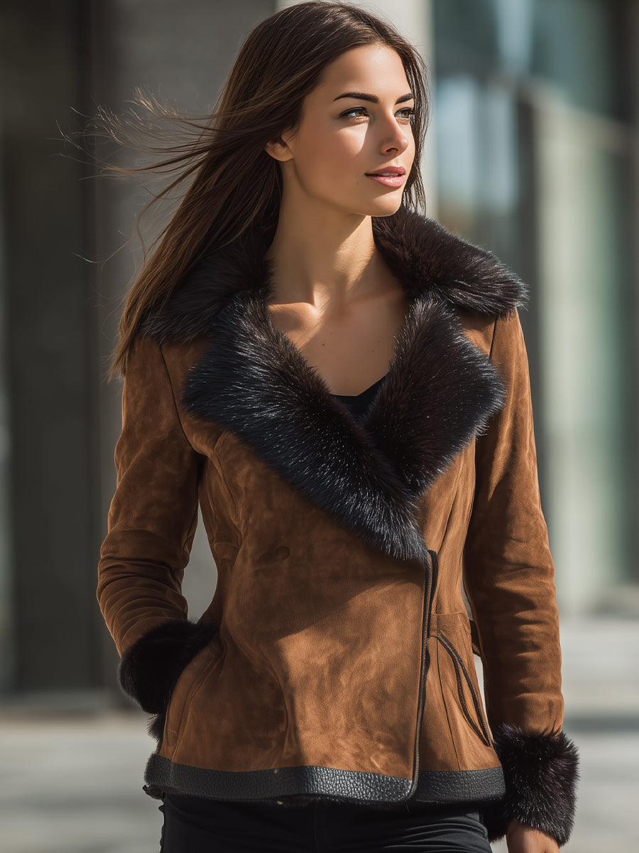 Chestnut Faux Fur Trim Suede Jacket