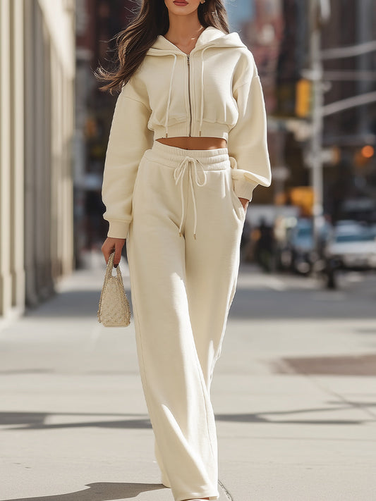 Chic Cream Cropped Hoodie And Wide-Leg Sweatpants Set